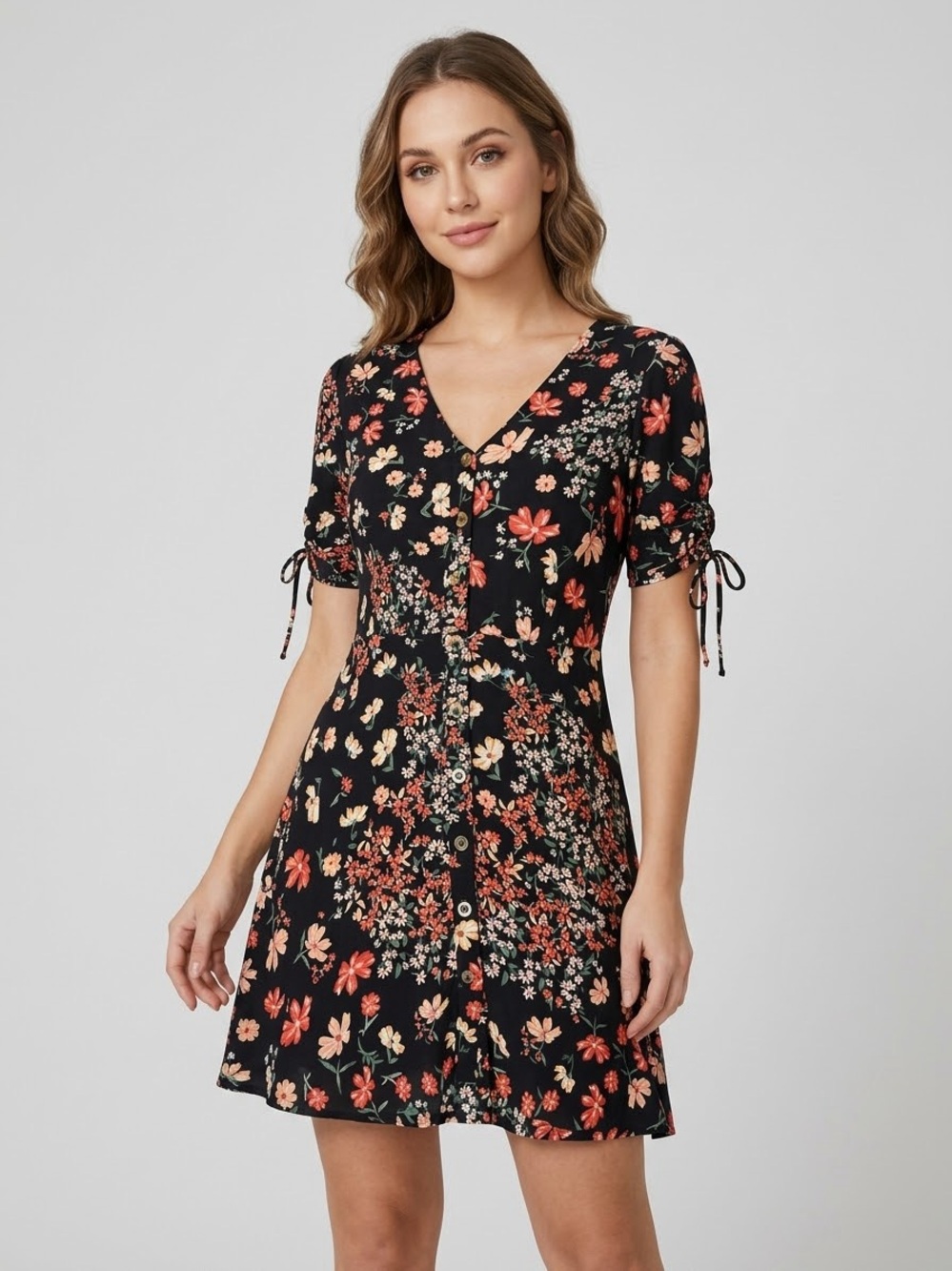 H&M Floral Print V-Neck Button-Front Mini Dress Ruched Short Sleeve 100% Viscose